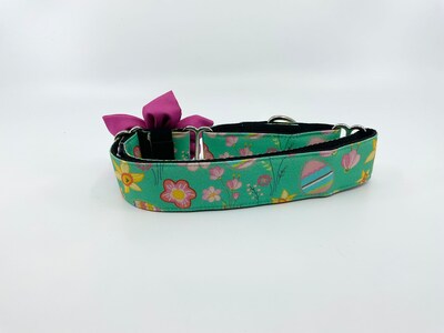 Easter Martingale Dog Collar With Optional Flower Or Bow Tie Eggs And Flowers On Teal Slip On Collar Sizes S, M, L, XL - image2